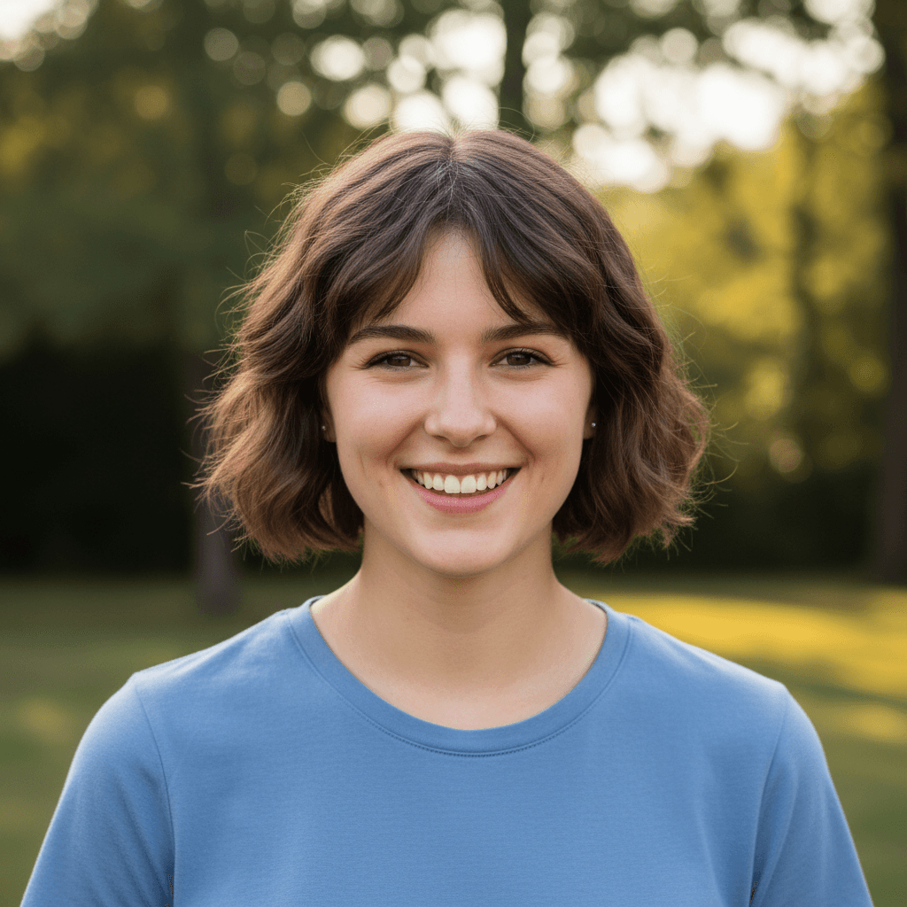 Sunlit park, cheerful smile, relaxed casual style