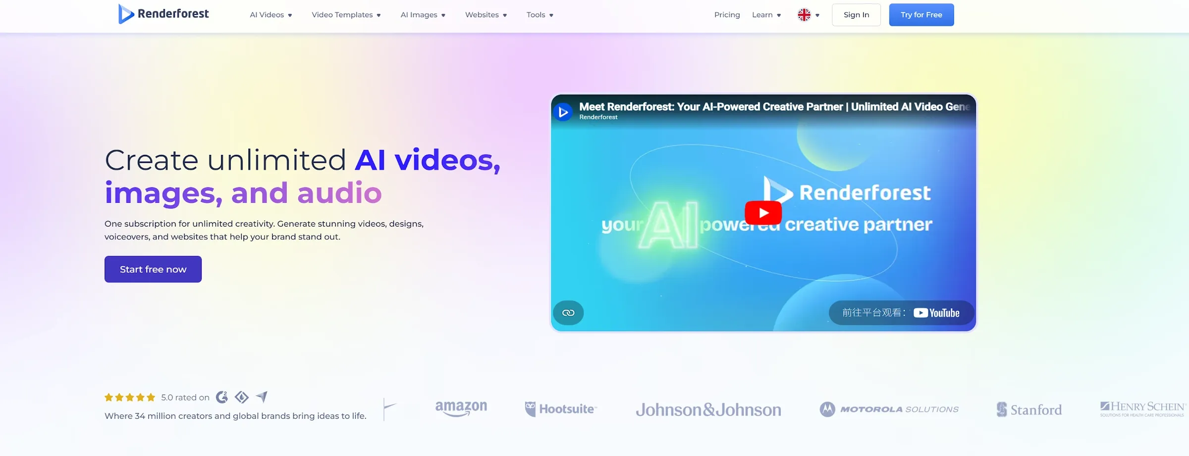 Renderforest website promoting AI video, image, and audio creation services.