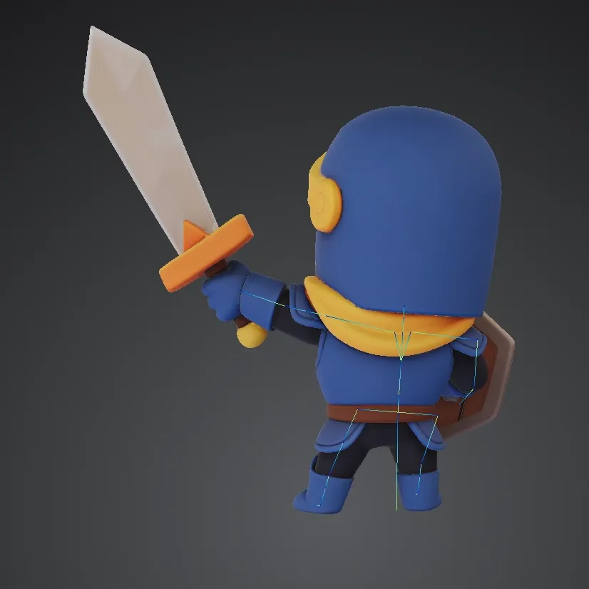 Rigged 3D warrior character model with visible skeleton control lines