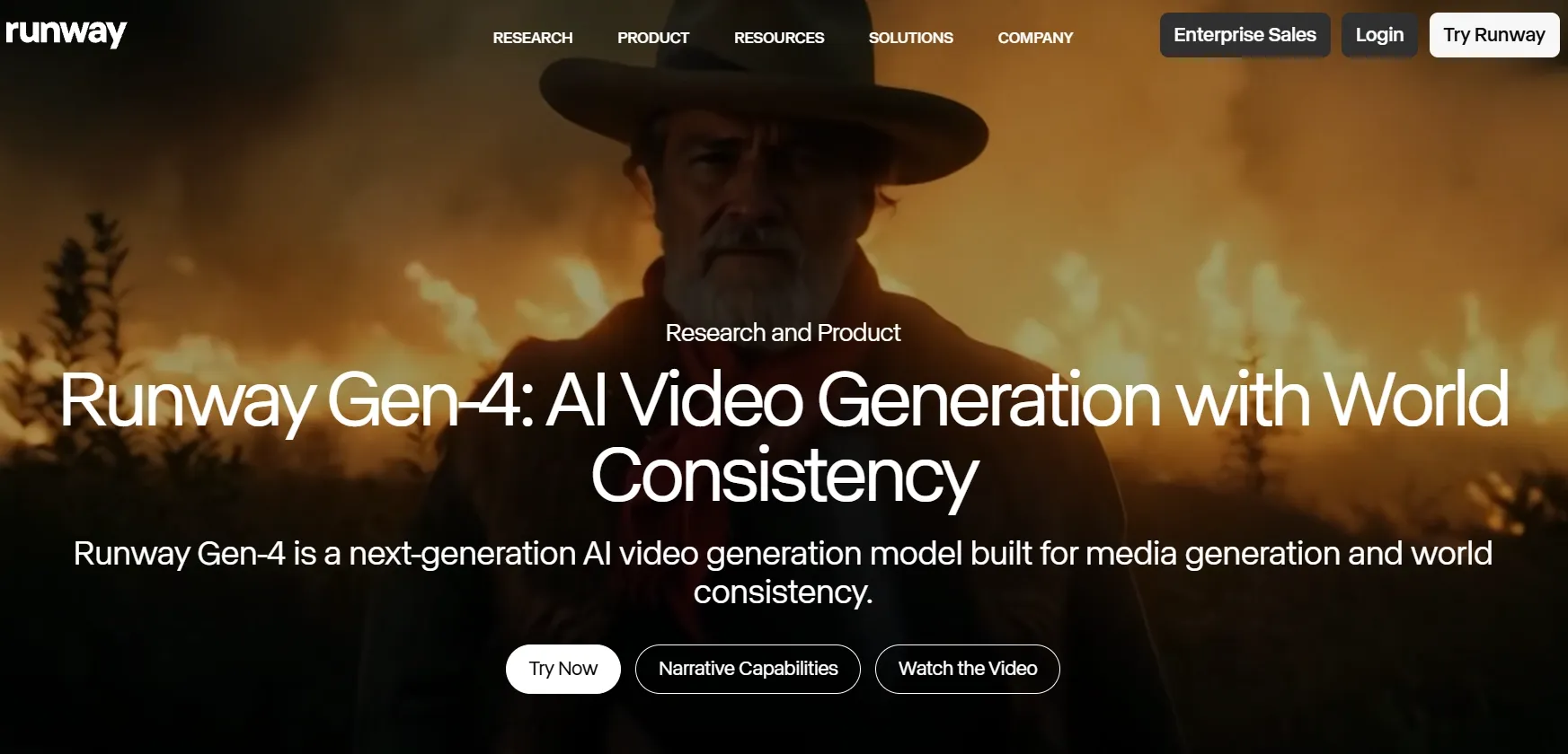 En mand med hat står mod en flammende baggrund og promoverer AI-videogenerering.