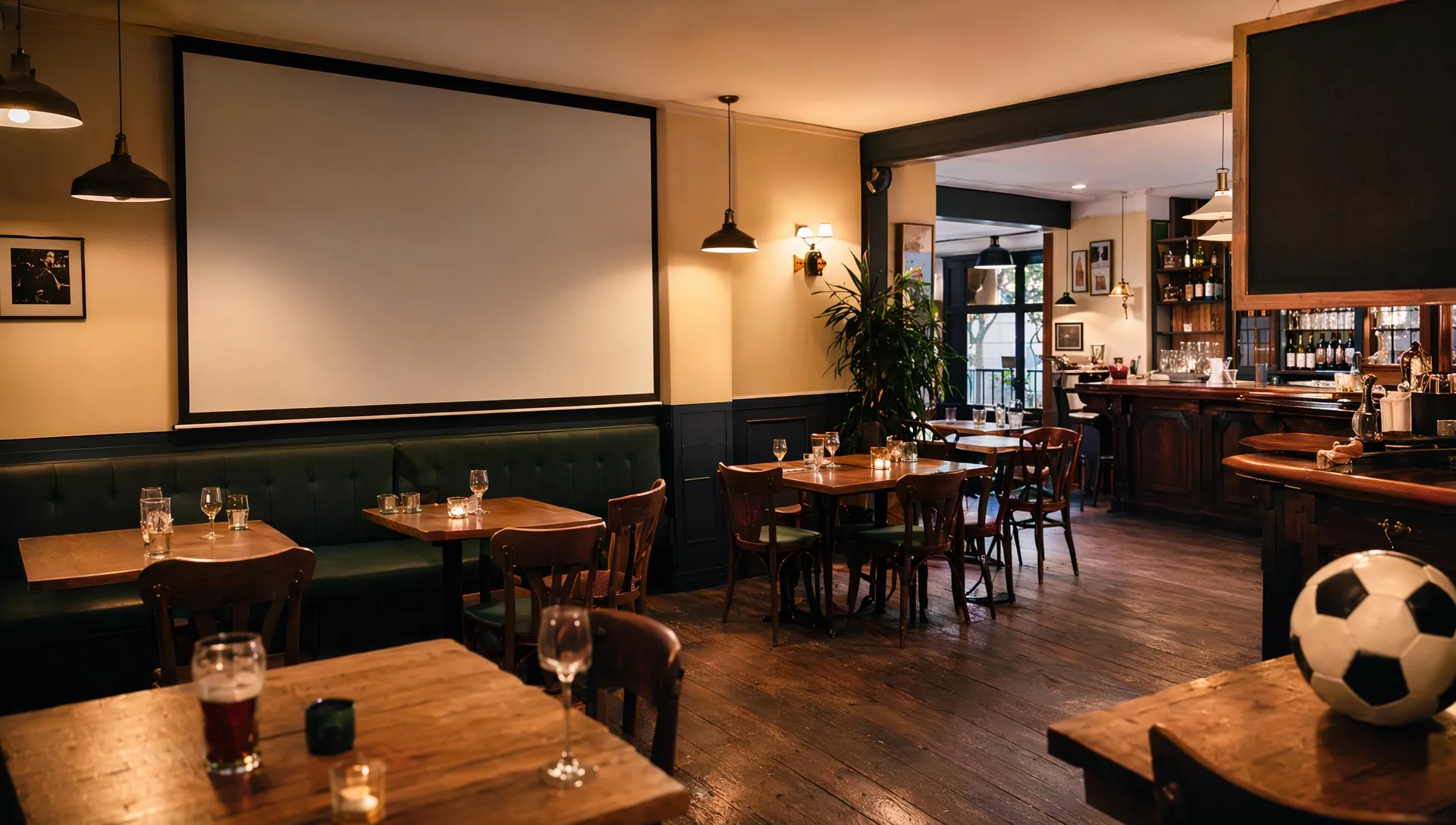 Photo de salle de bar français préparée pour une soirée football avec écran, tables et comptoir générée par IA