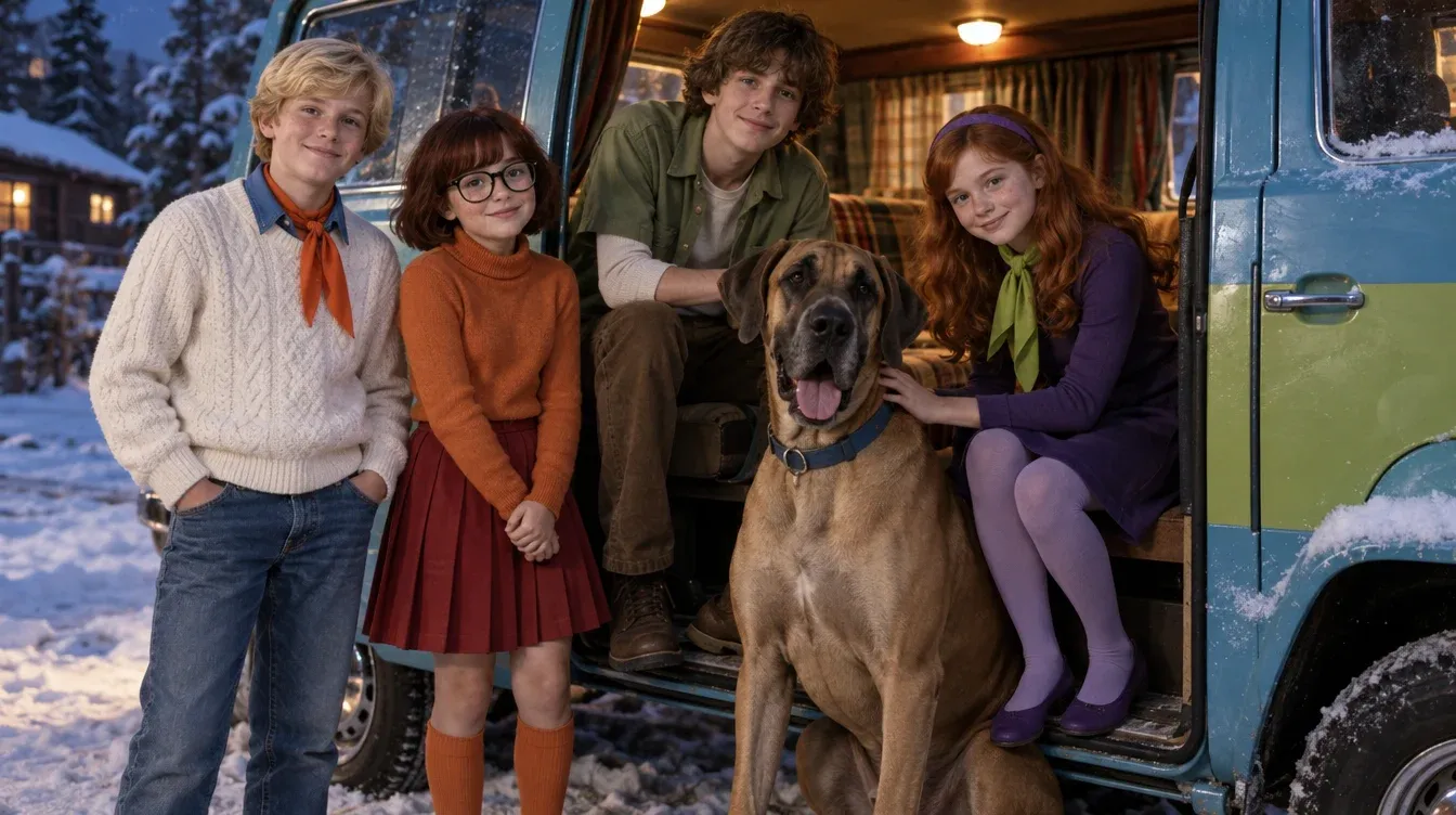 Four characters from Scooby-Doo pose with a Great Dane in a snowy setting.
