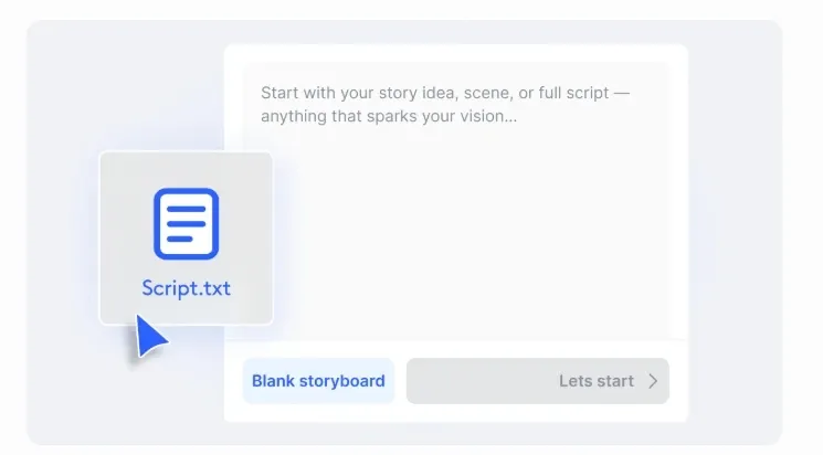 Interface de upload de script de ferramenta de vídeo AI, suportando upload de arquivo de script arrastar e soltar para geração de storyboard