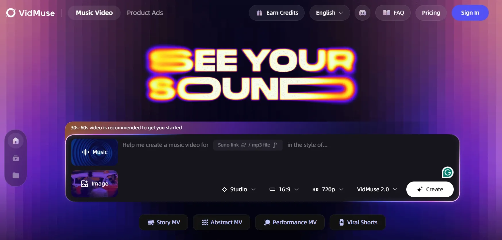 VidMuse平台上的音乐视频创建界面,展示‘SEE YOUR SOUND’文字。