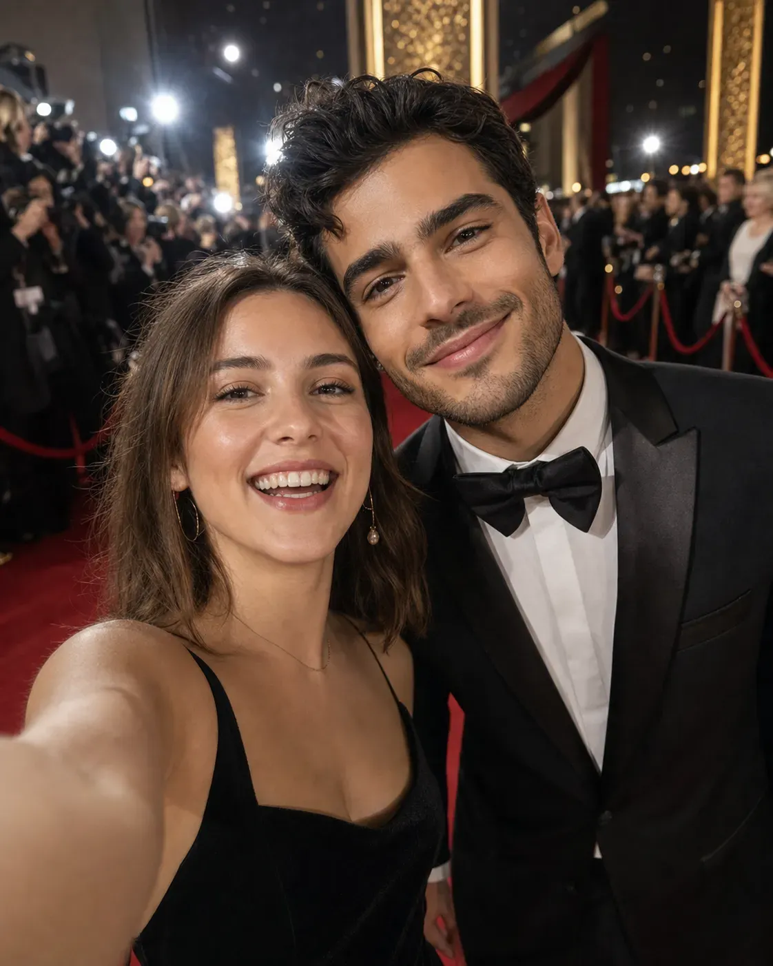 Una pareja sonriente se toma un selfie en la alfombra roja de un evento.