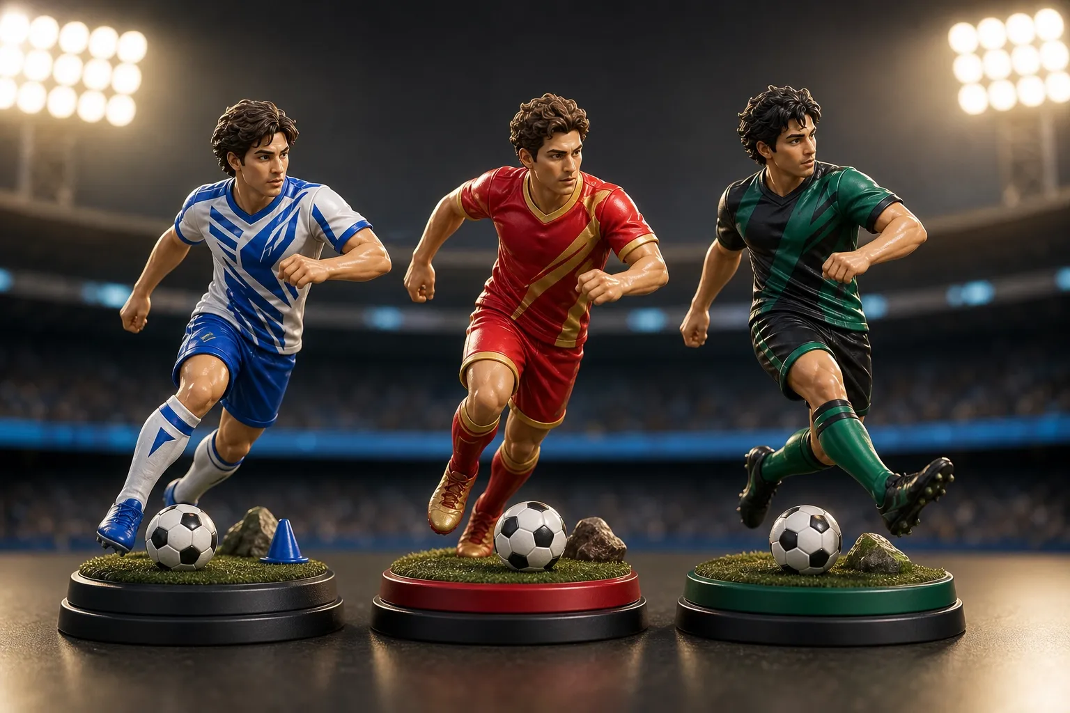 set de tres figuras personalizadas de fútbol con uniformes ficticios y bases coleccionables