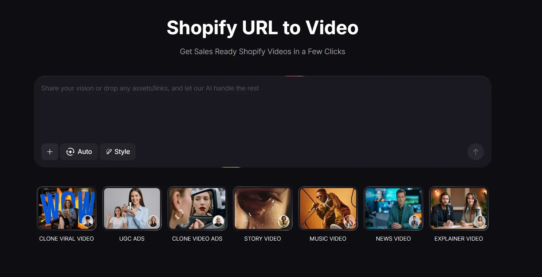 Shopify URL to video AI tool interface, enabling creation of viral clone videos, UGC ads, story videos, news videos and more e-commerce content