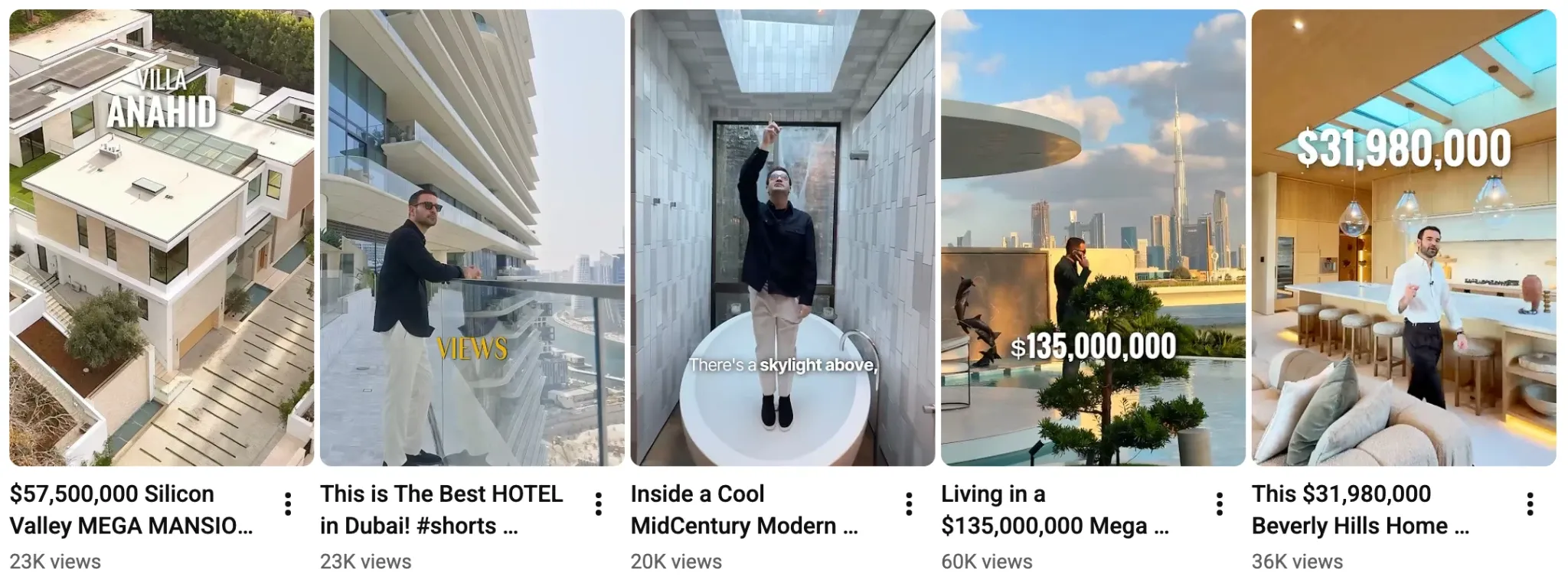 Lüks gayrimenkul ve otel turu videolarını dikey küçük resimlerle gösteren bir YouTube Shorts akışı