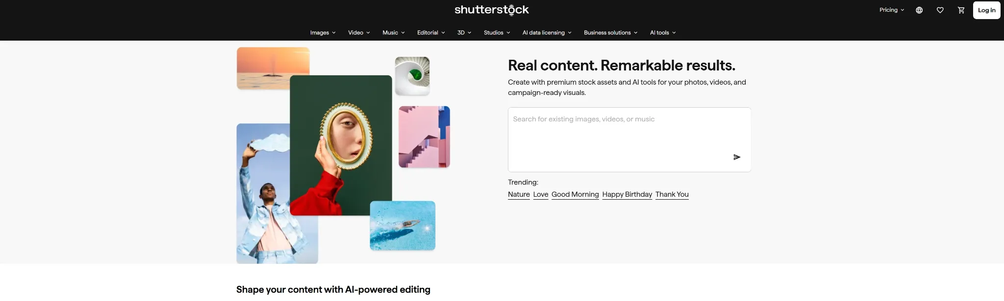 Screenshot of Shutterstock homepage showcasing various stock images and search bar.