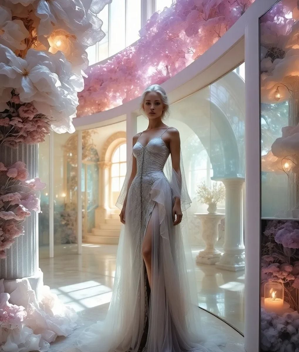 Una donna dai capelli argentati, vestita con un abito argentato, si erge in un elegante e sognante palazzo floreale ornato di fiori rosa e bianchi.