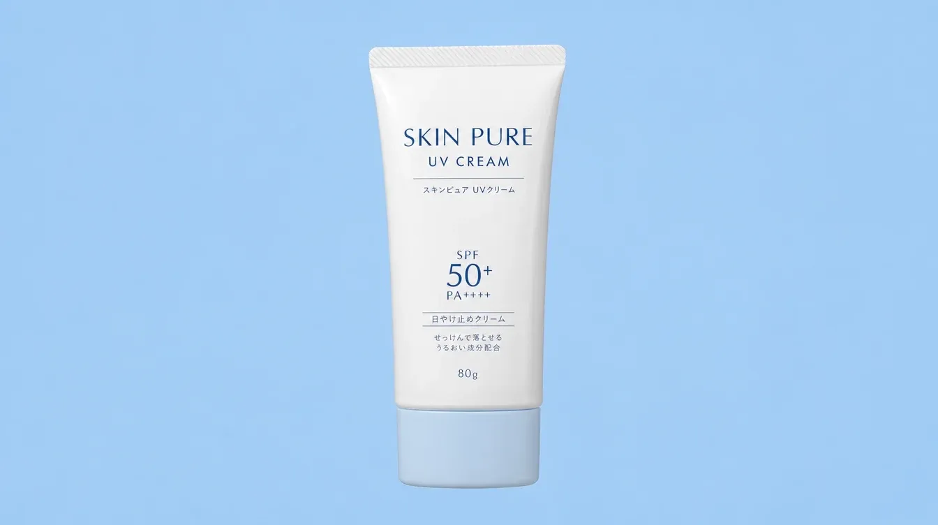 A tube of Skin Pure UV cream with SPF 50+ on a light blue background.