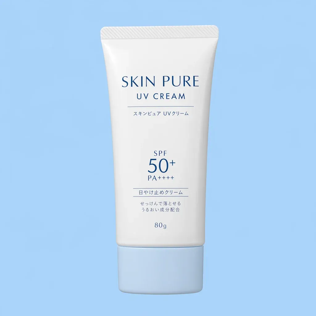 A tube of Skin Pure UV cream with SPF 50+ on a light blue background.