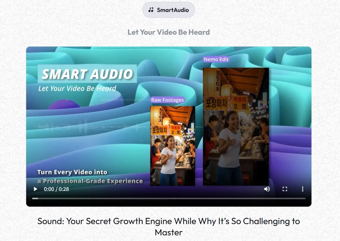 Smart Audio özelliklerini sergileyen tanıtım video arayüzü.