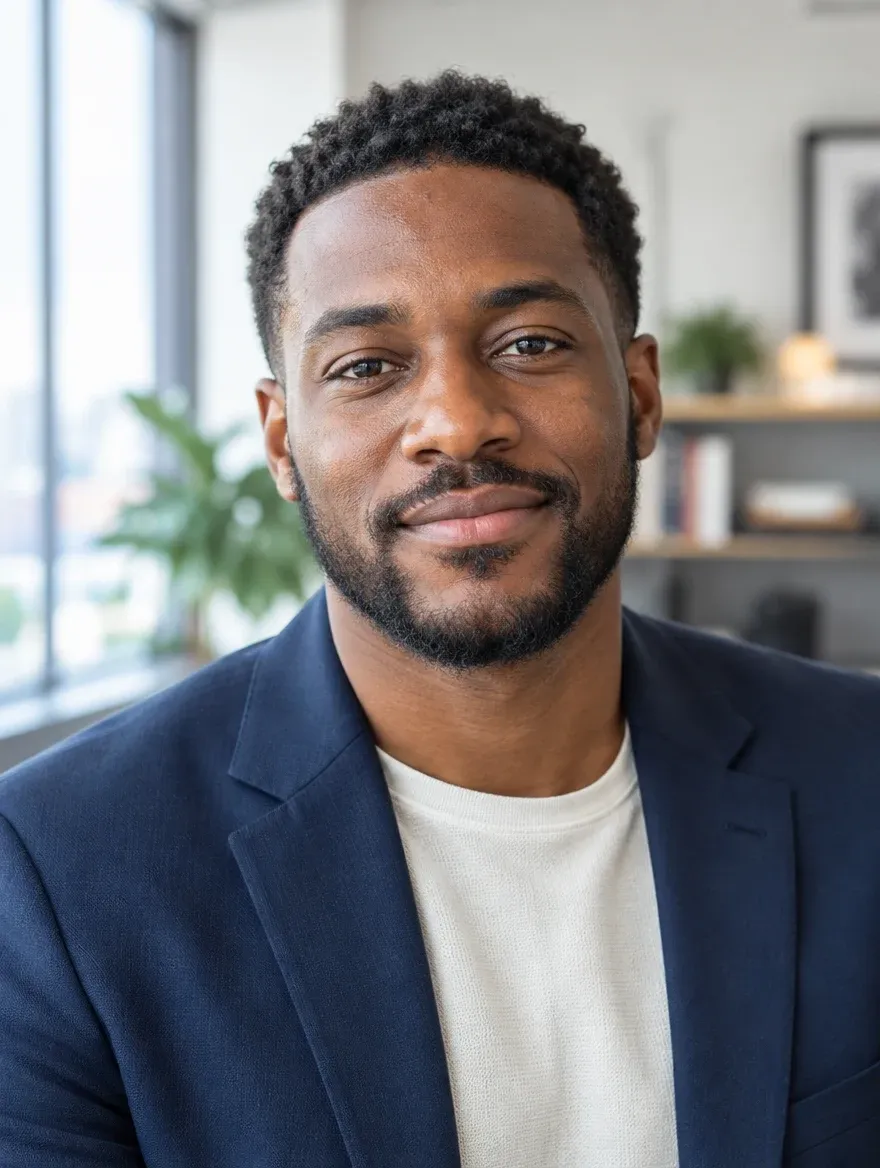 Un homme souriant portant un blazer et un t-shirt dans un bureau moderne.