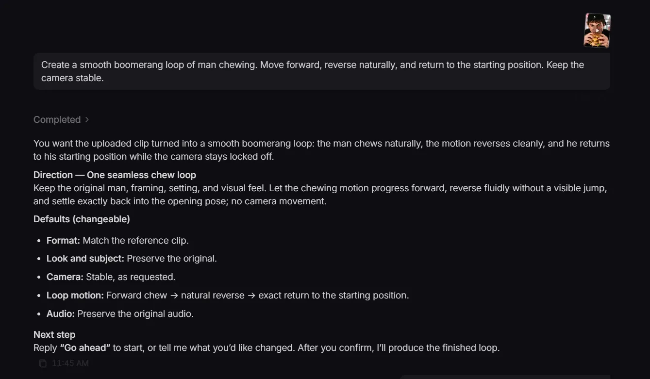 Instructions for creating a seamless boomerang loop of a man chewing.