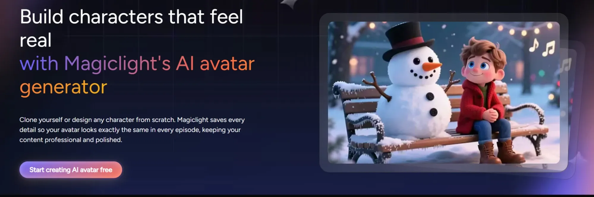 Dark webpage promotion module, boy and snowman on winter bench, introducing AI avatar character generator function