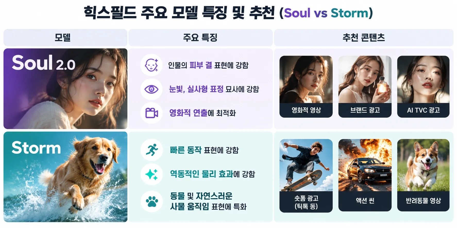 Soul과 Storm 모델의 주요 특징 및 추천 콘텐츠 비교