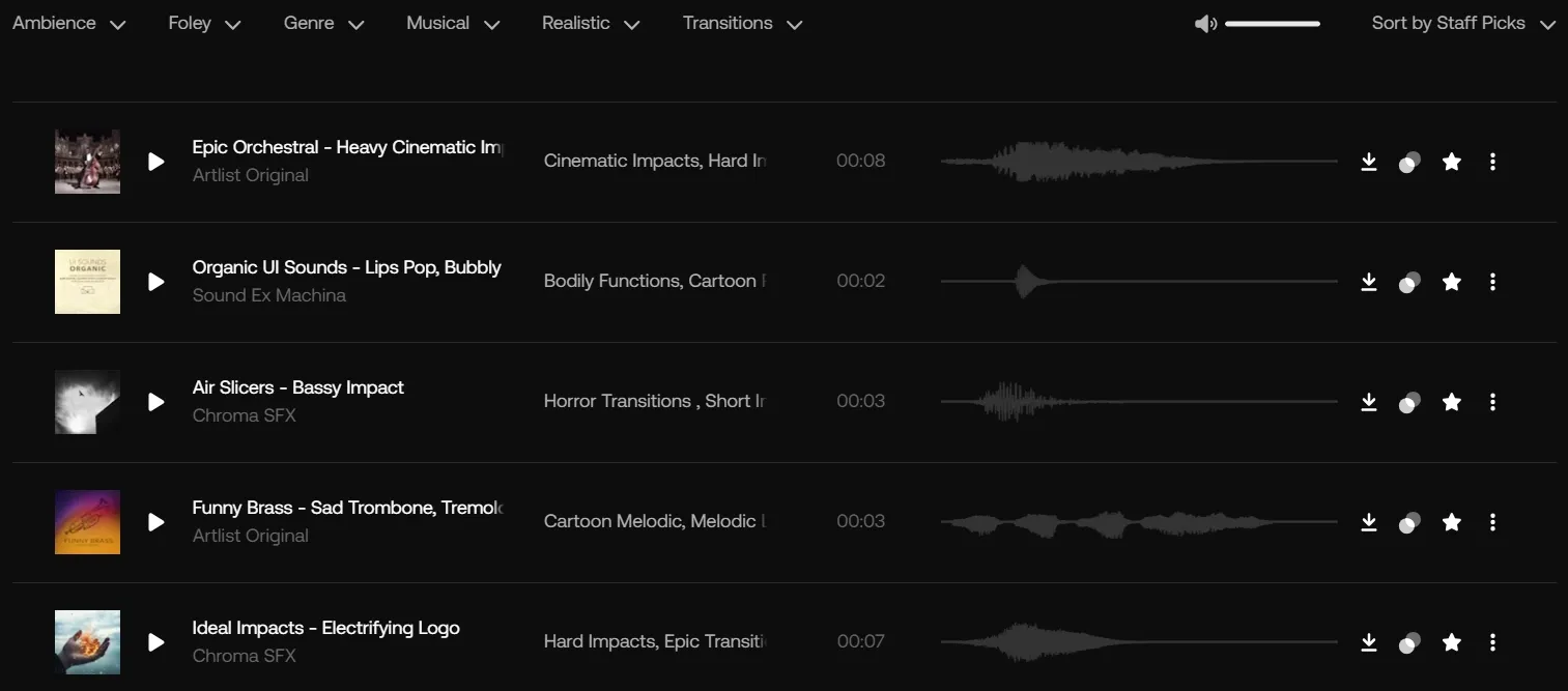 Efectos de sonido ofrecidos por Artlist