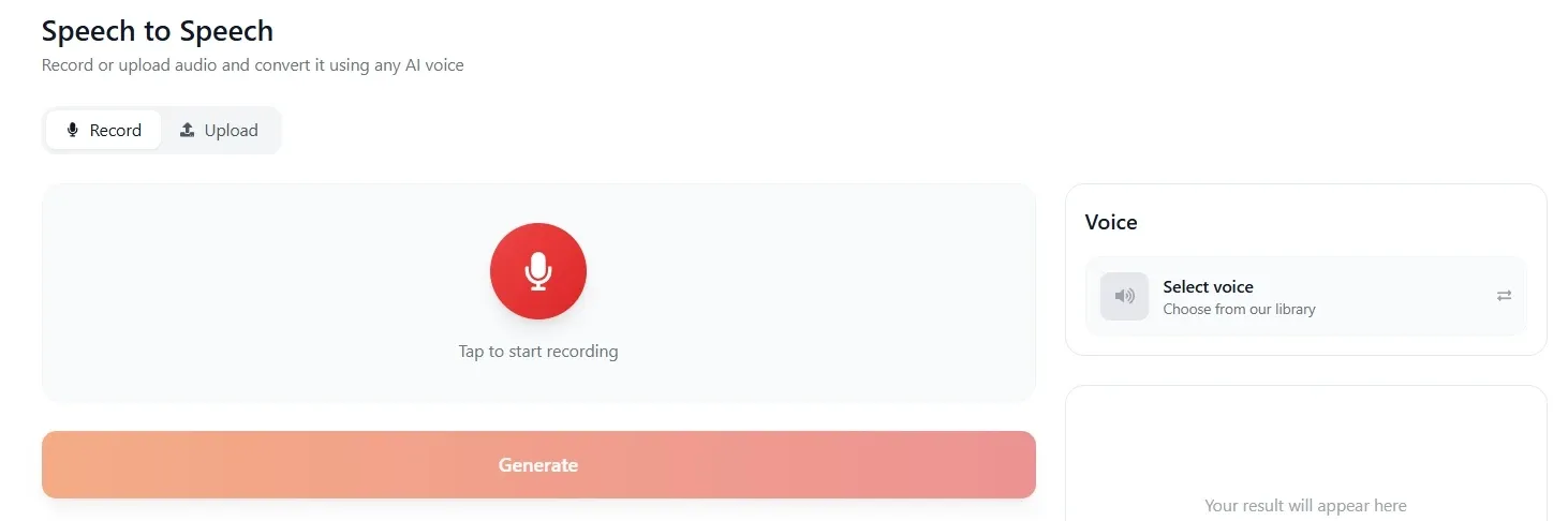 Grænseflade til tale-til-tale AI-stemmekonverter, der understøtter lydoptagelse/upload og stemmetransformation