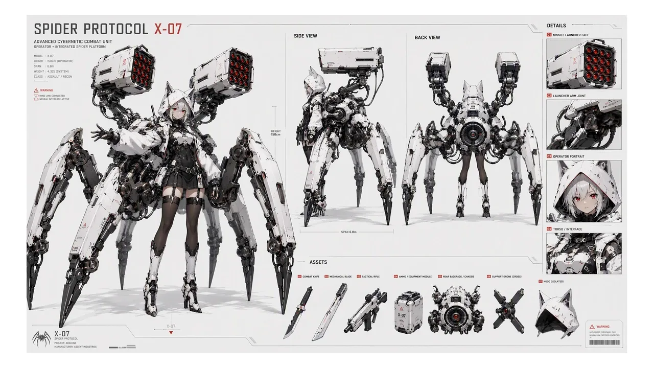 A cybernetic combat unit with spider-like legs and a humanoid operator.