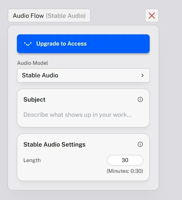 Интерфейс настроек AI аудиогенератора с опциями модели Stable Audio и элементами управления длительностью
