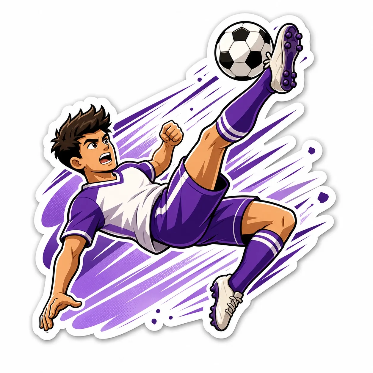 sticker cartoon de fútbol generado con IA con jugador ficticio haciendo una chilena