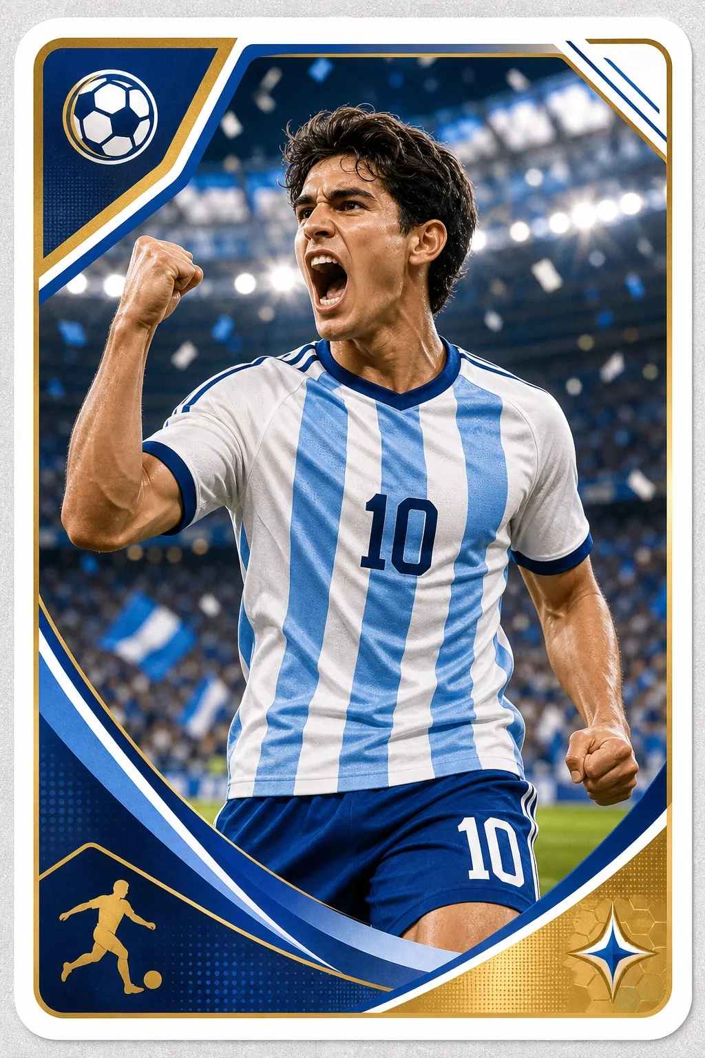 sticker de fútbol estilo Mundial generado con IA con jugador ficticio celebrando un gol