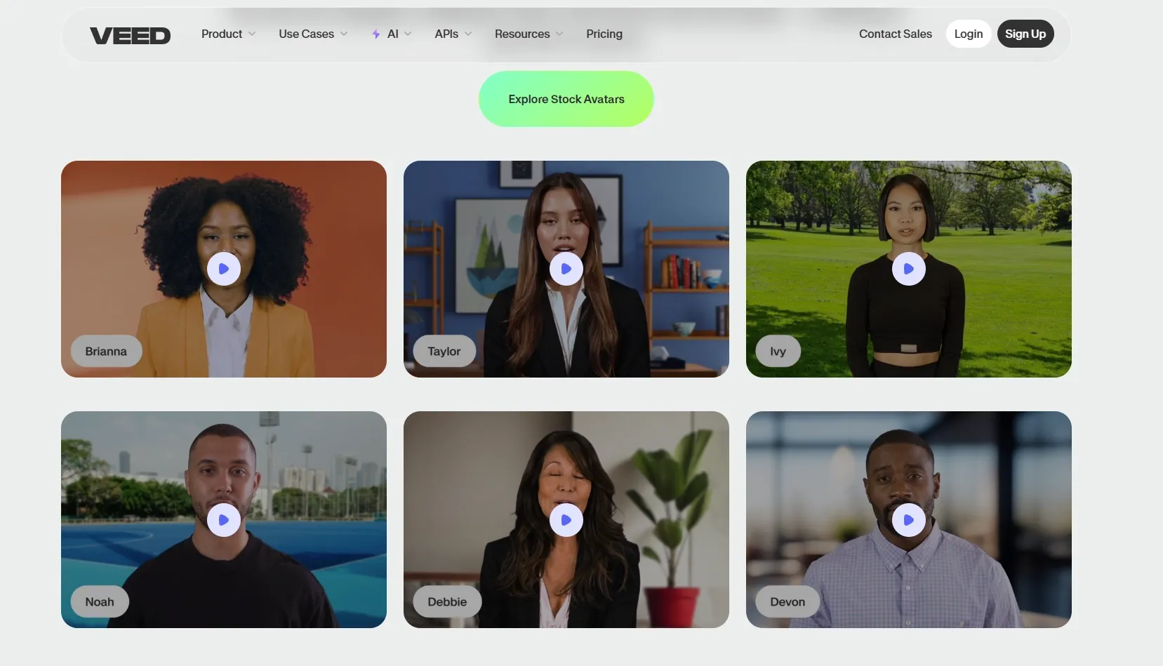 Grid of diverse stock avatar videos for user selection.