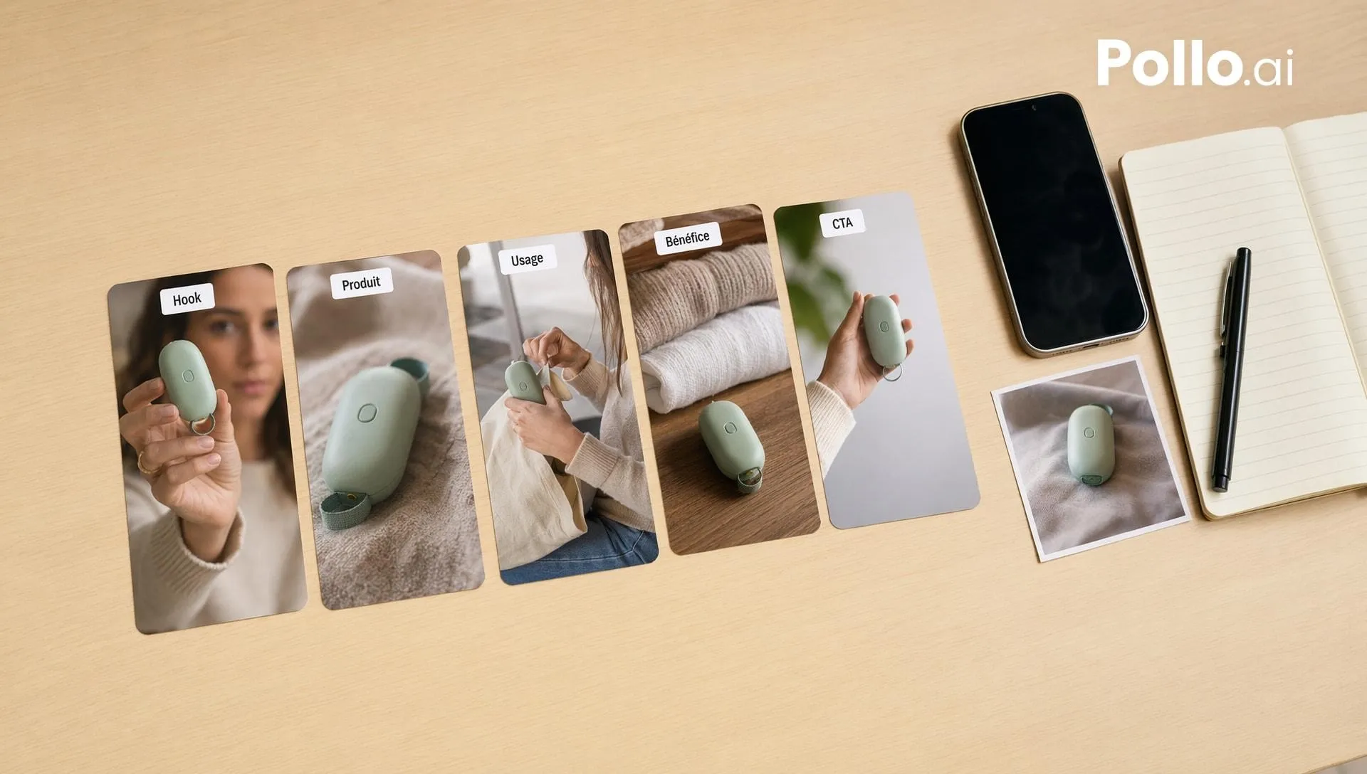 Storyboard de vidéo UGC produit créé avec l’IA, montrant un hook, un produit, un usage, un bénéfice et un CTA