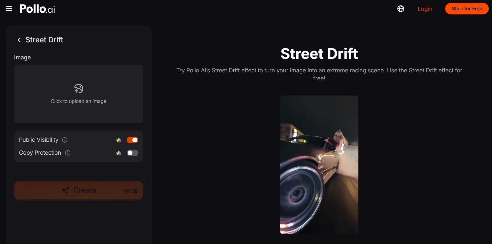 A user interface for a street drift image effect application.