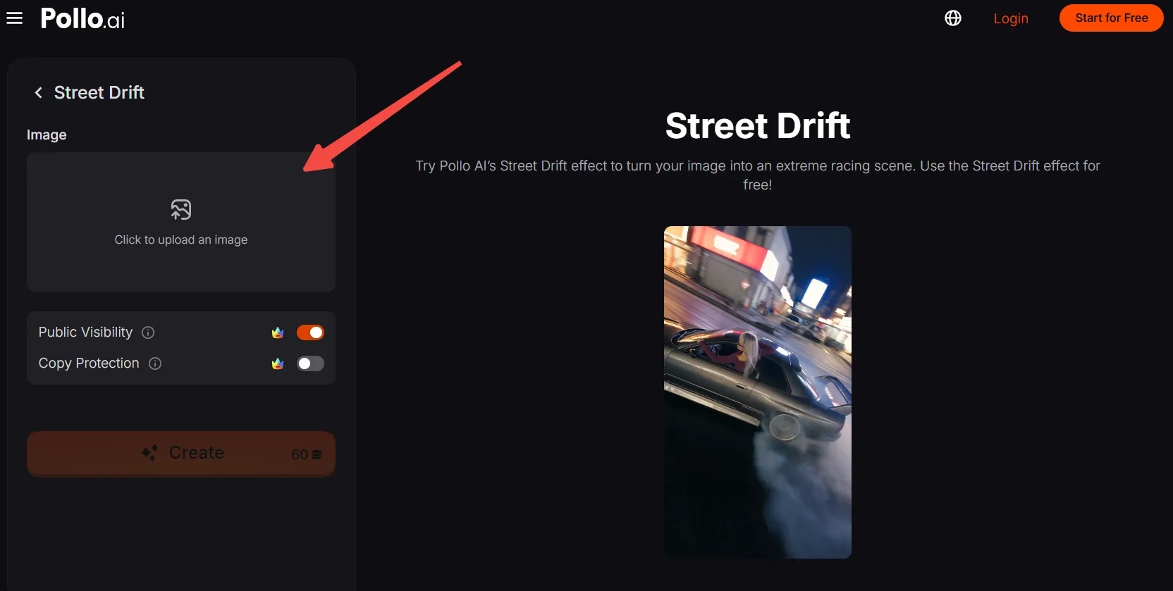 Interface for uploading an image with a street drift effect option.