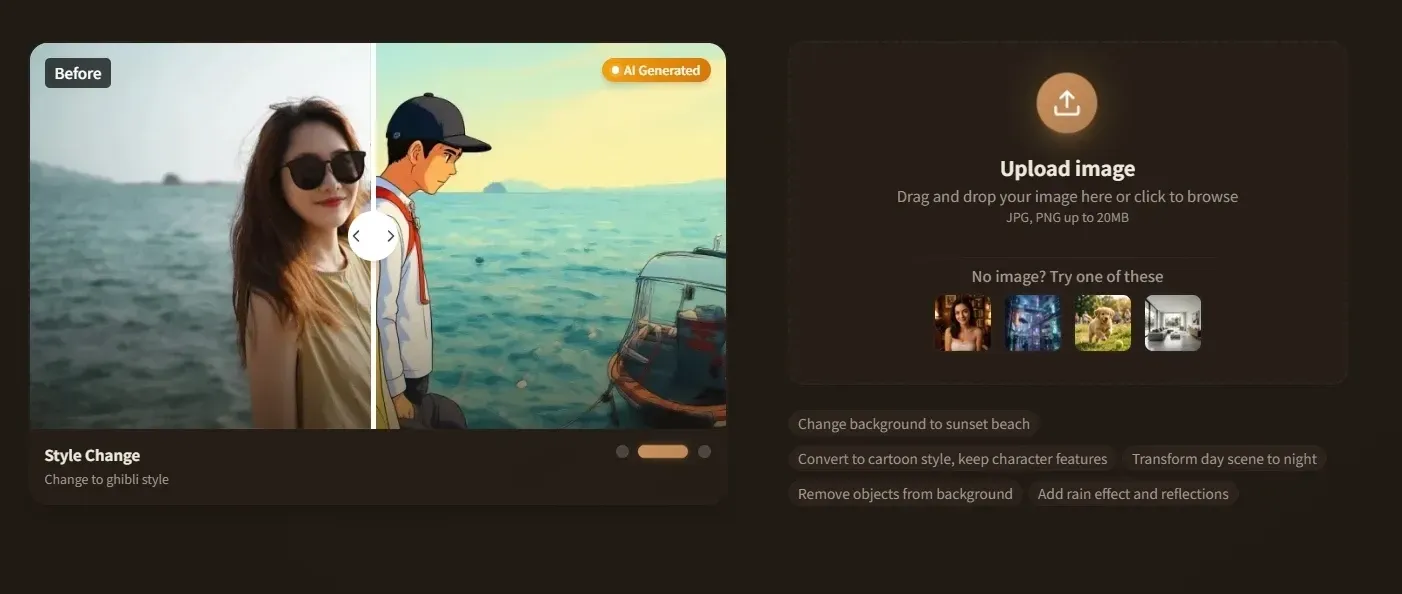 AI style editor showing before-and-after image transformation options