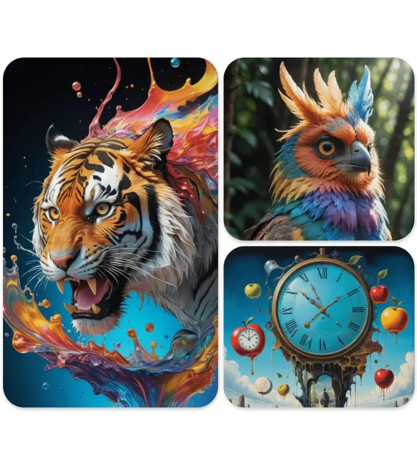 Grid of vivid template images featuring animals and surreal art