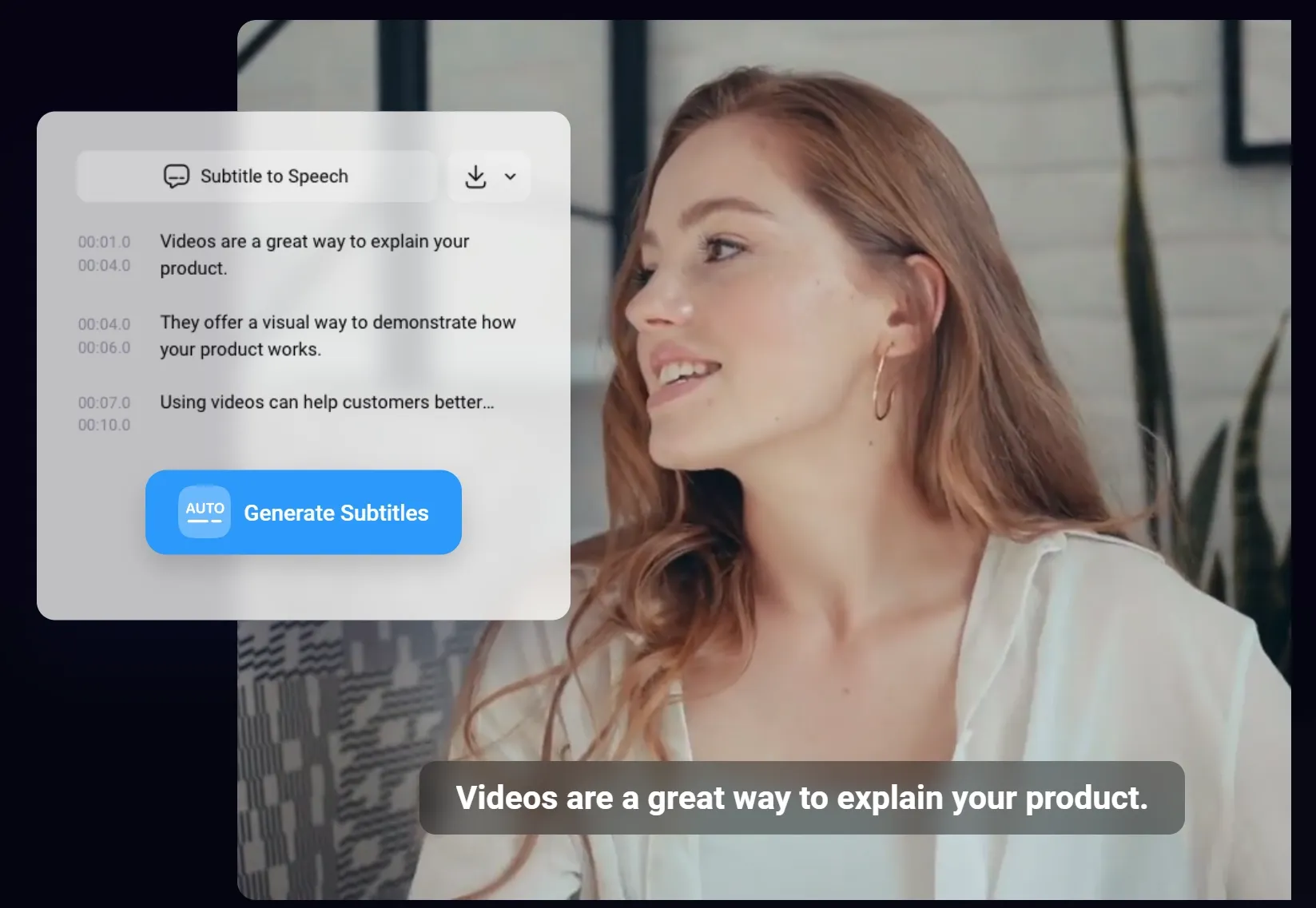 A video editor interface showing subtitle generation for a talking head video
