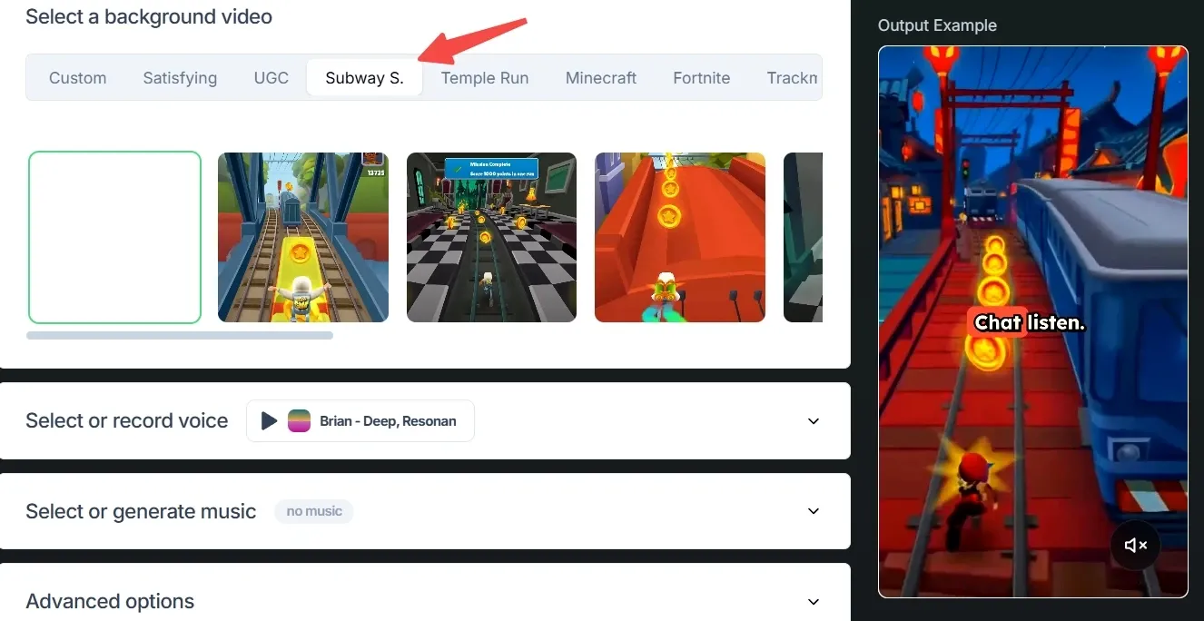 AI video production interface, Subway Surfers game background material selection and voice music parameter adjustment panel