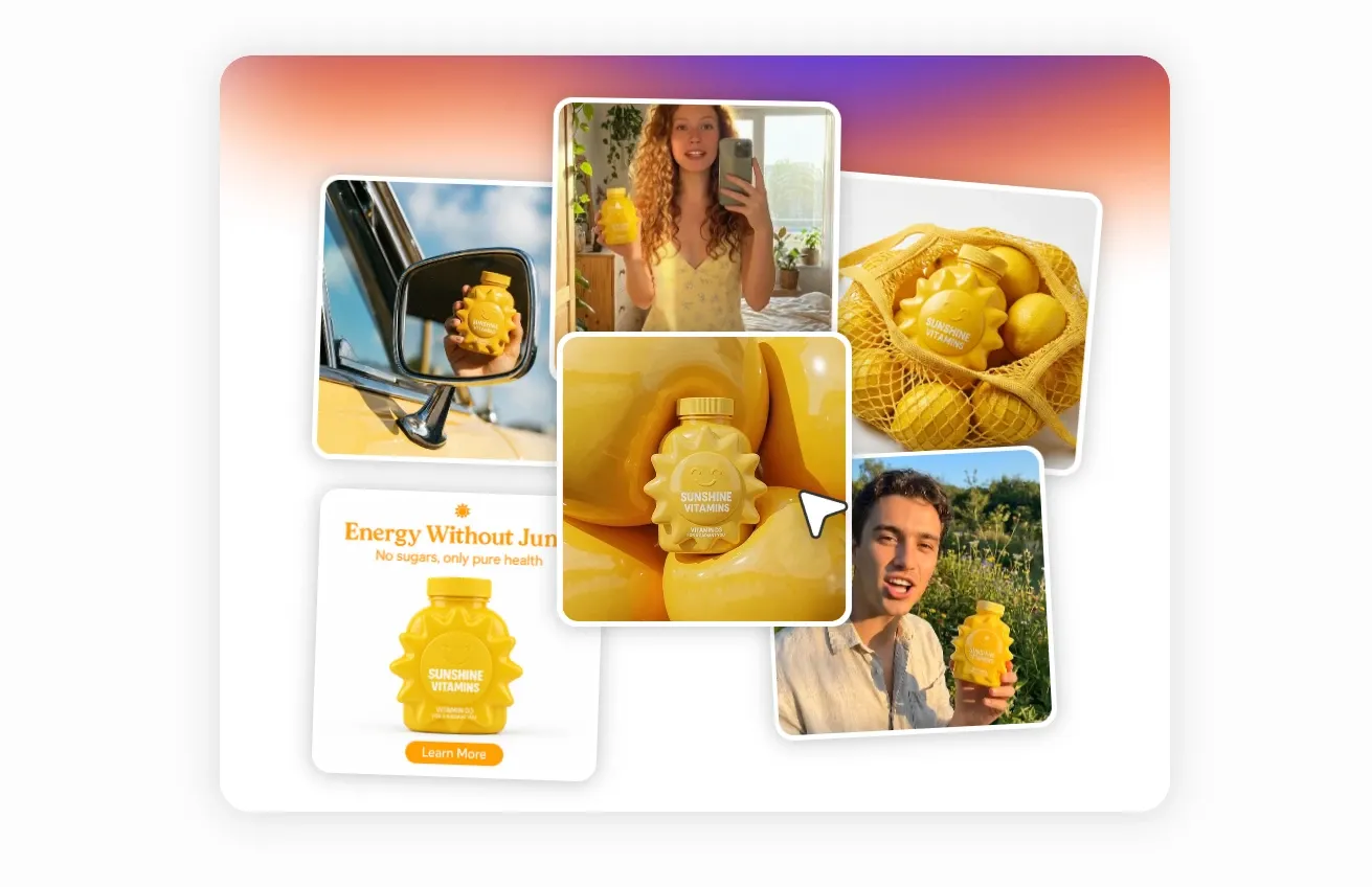 Collage di risorse di marketing generate dagli utenti per Sunshine Vitamins, tra cui foto del prodotto, scene con dispositivi mobili utilizzati dagli utenti e landing page pubblicitaria.