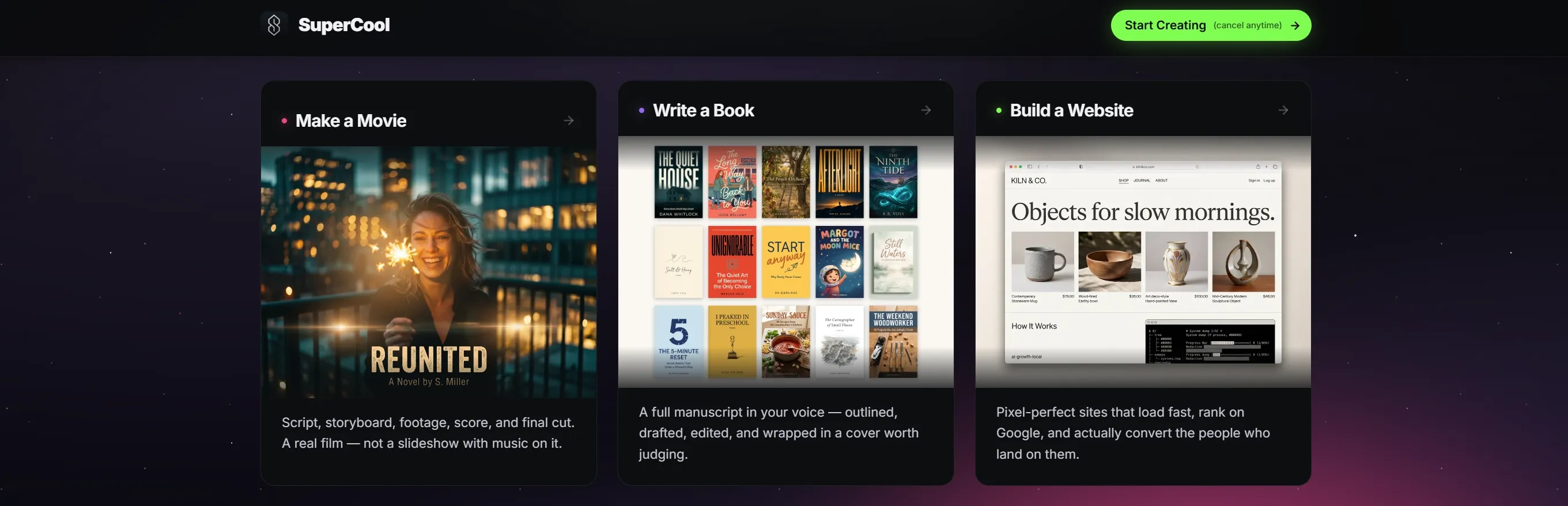Ein Layout, das verschiedene Optionen zur Erstellung eines Films, zum Schreiben eines Buches und zum Erstellen einer Website aufzeigt.