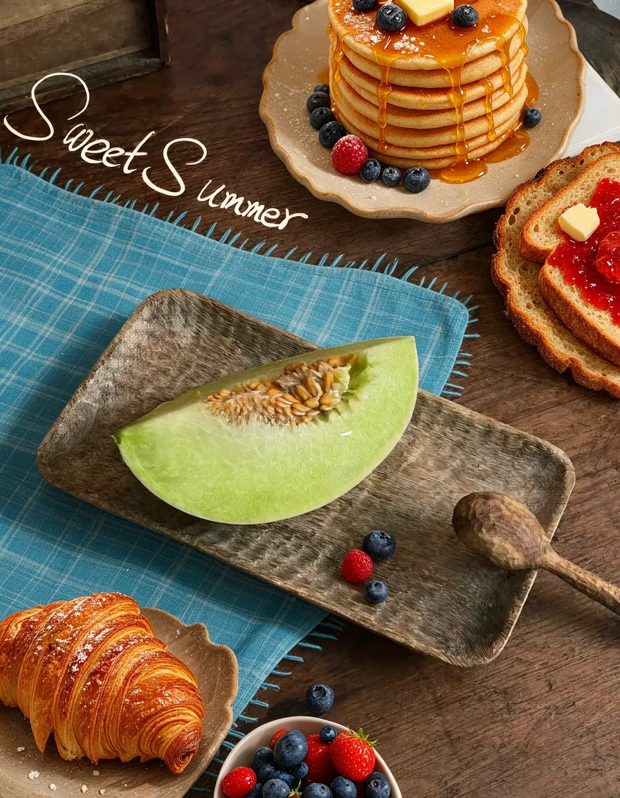 Una ricca colazione estiva con pancake, croissant, frutta e melone.