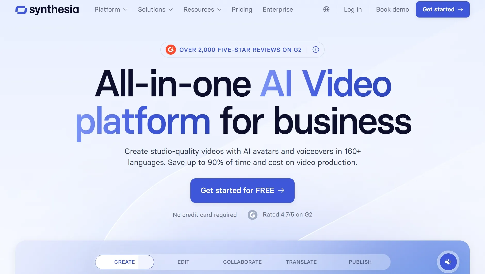 Synthesia-homepage voor AI-videocreatie voor bedrijven
