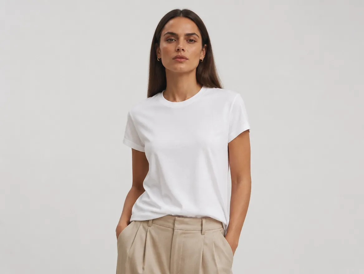 根据这张图片里的女人形象,生成一张她穿t-shirt的平面模特照片.webp