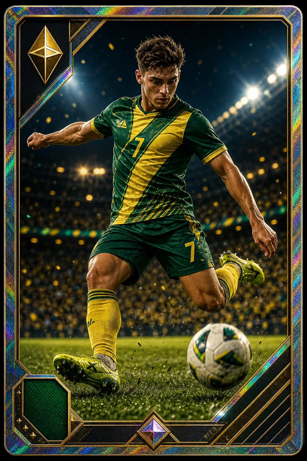 tarjeta premium de fútbol creada con IA con jugador ficticio en pose de disparo