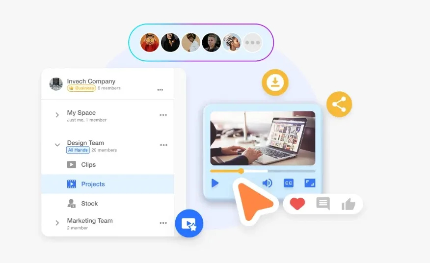 Interface de plateforme vidéo de collaboration d'équipe avec gestion de projet, liste des membres et fonctionnalités de lecture vidéo
