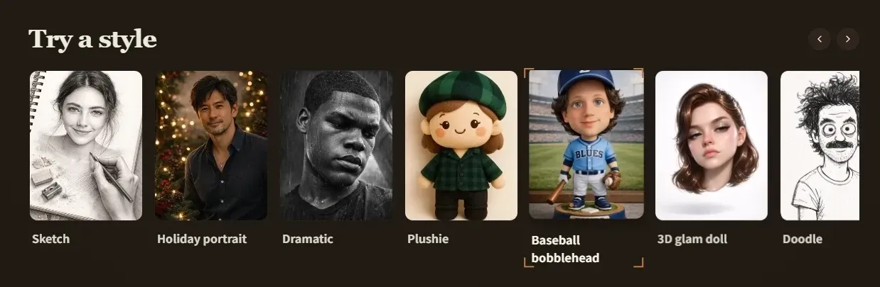Style template gallery with sketch, portrait, plushie, and doodle examples