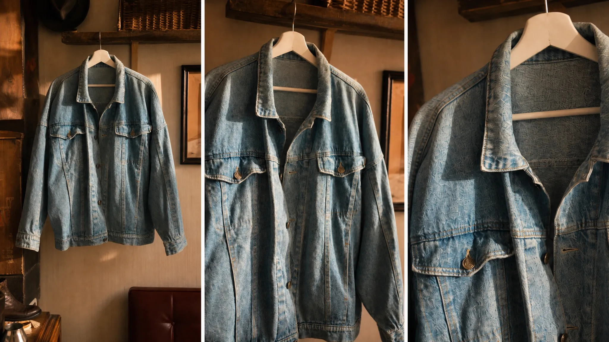 Trois vues rapprochées d’une veste en jean suspendue dans une boutique vintage