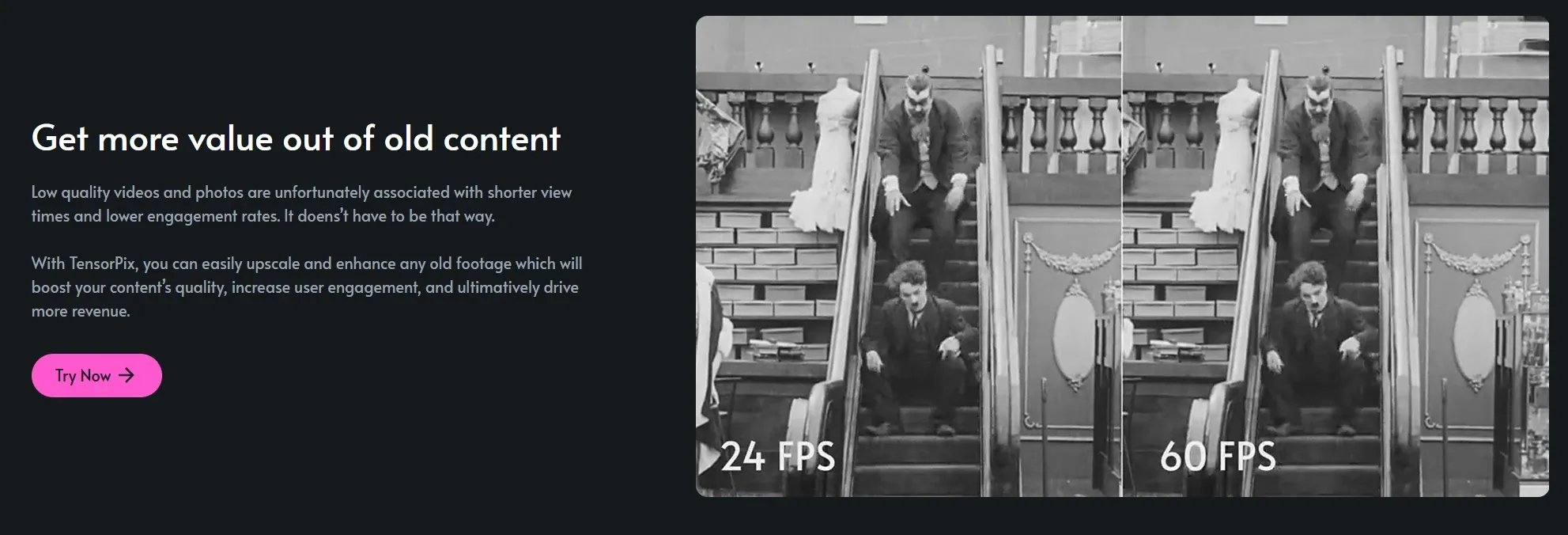 Outil d'IA TensorPix améliorant d'anciennes séquences, augmentant la fréquence d'images de 24 FPS à 60 FPS