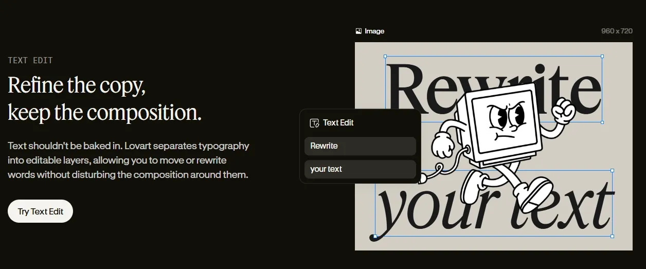 A graphic showing text editing options with a cartoon character and typography.