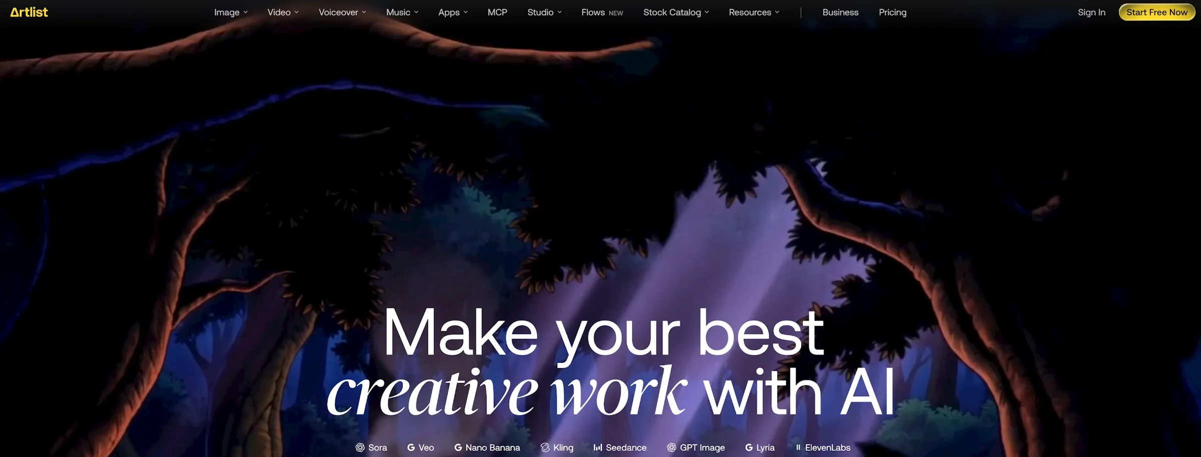 Text promoting creative work with AI against a dark forest background.