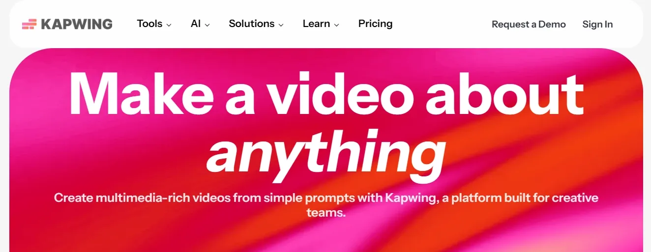 Text, der die Videoerstellung mit Kapwing auf farbenfrohem Hintergrund bewirbt.