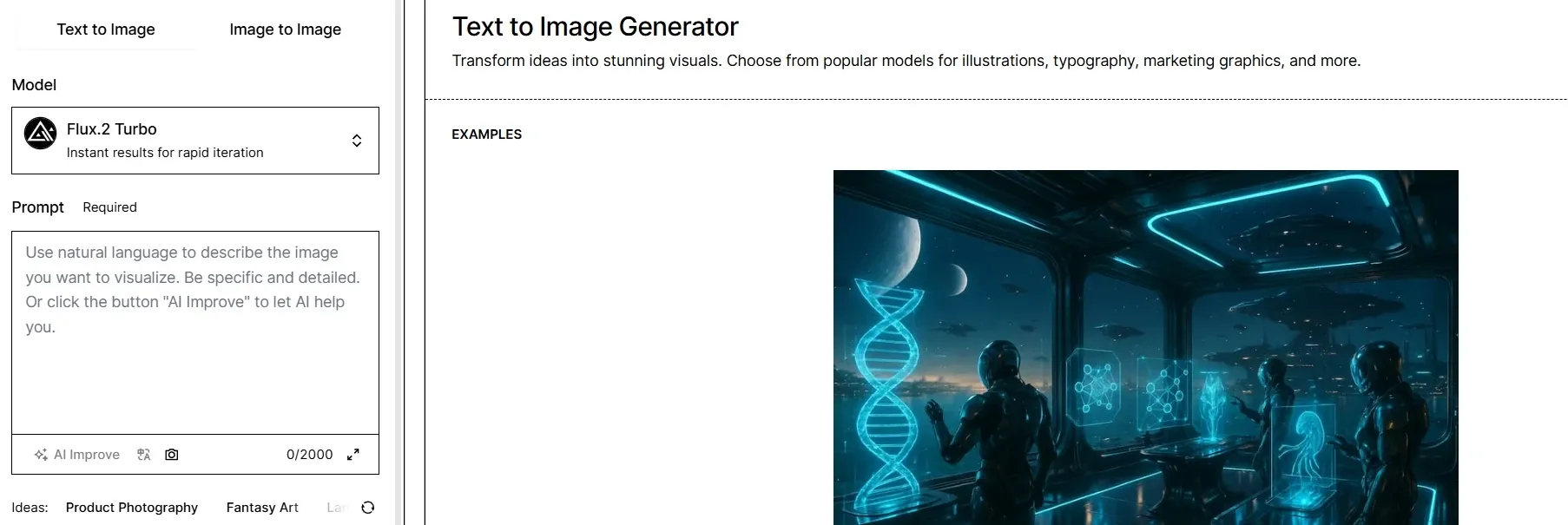 Pollo AI text to image generator interface with sci‑fi artwork example