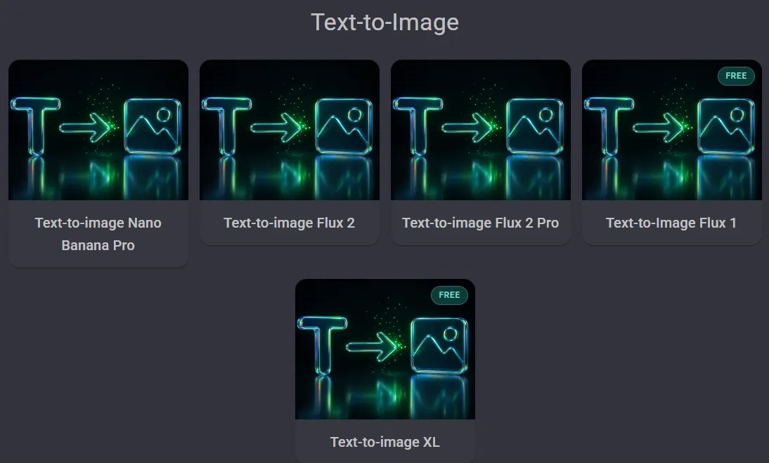 Various text-to-image tools with neon graphics and labels.